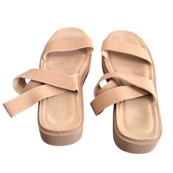 Mysoft Womens Sandals Size 9 Low Wedge Elastic Strap Platform Beige - Picture 9 of 12